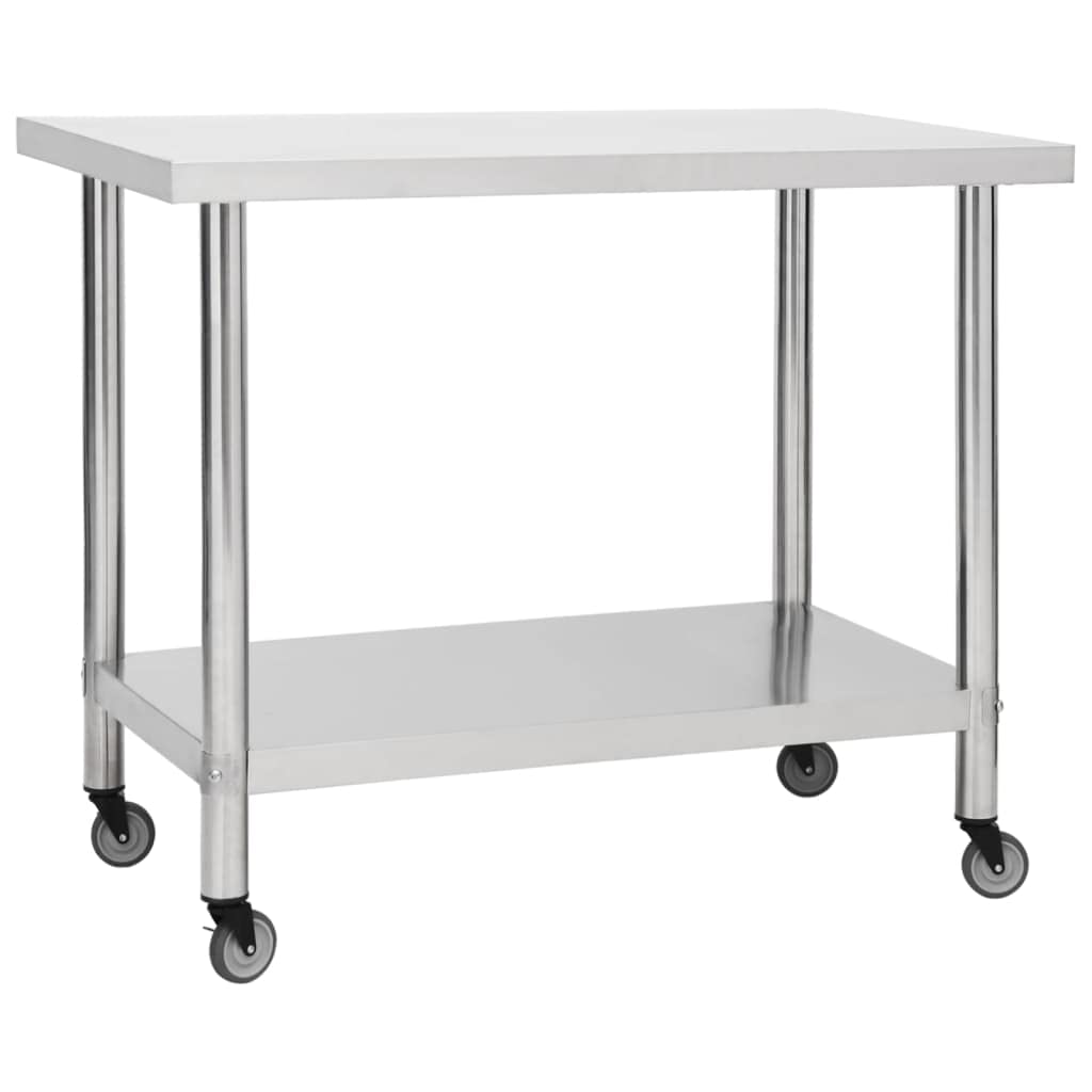 vidaXL Stainless Steel Kitchen Work Table with Wheels and Storage Rack - Moveable, Durable, and Easy-to-Clean, 39.4&quot;x11.8&quot;x33.5&quot; Ideal for Food Prep and Serving