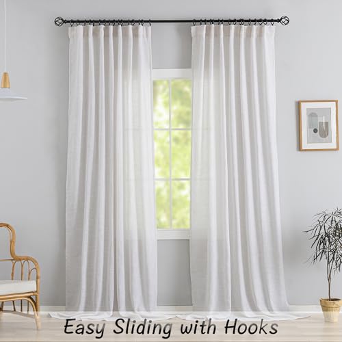White With Linen Back Tab Curtains 96 Inches Long 2 Panels Set For Modern Hotel - Hooks Belt Pleated Easy Sliding Non See Through Thick Decorative Drapes Rod Pocket Light Filtering Curtains W52 X L96