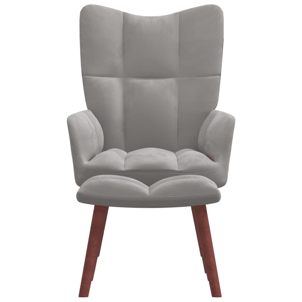 vidaXL Relaxing Chair and Stool Set - Light Gray Velvet Upholstery with Steel Frame and Solid Rubber Wood Legs - Modern Home Seating Furniture