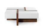 HomeRoots White, Walnut Veneer, MDF, Metal Modern White and Walnut Square Coffee Table with Storage