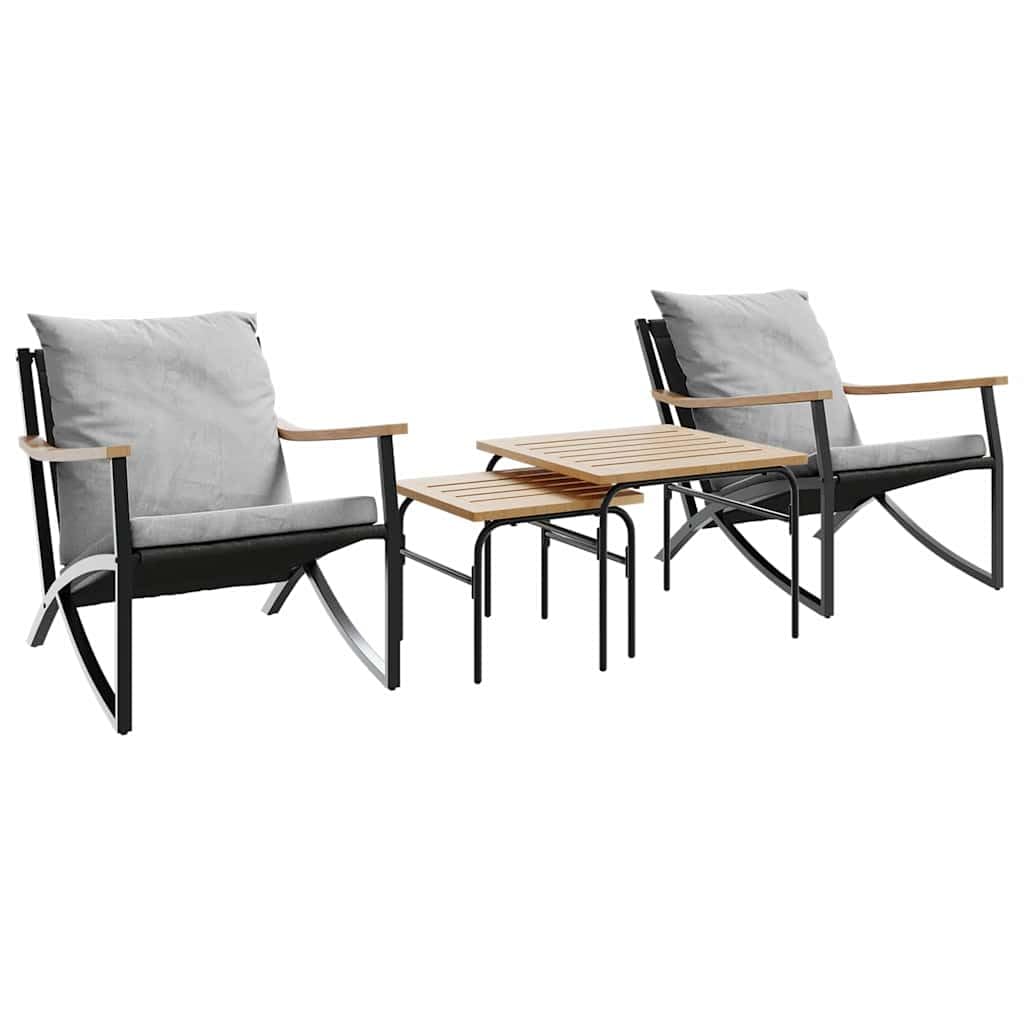vidaXL 4-Piece Balcony Furniture Set with Light Gray Cushions - Black Steel Frame Chairs and Coffee Tables for Patio/Garden/Deck