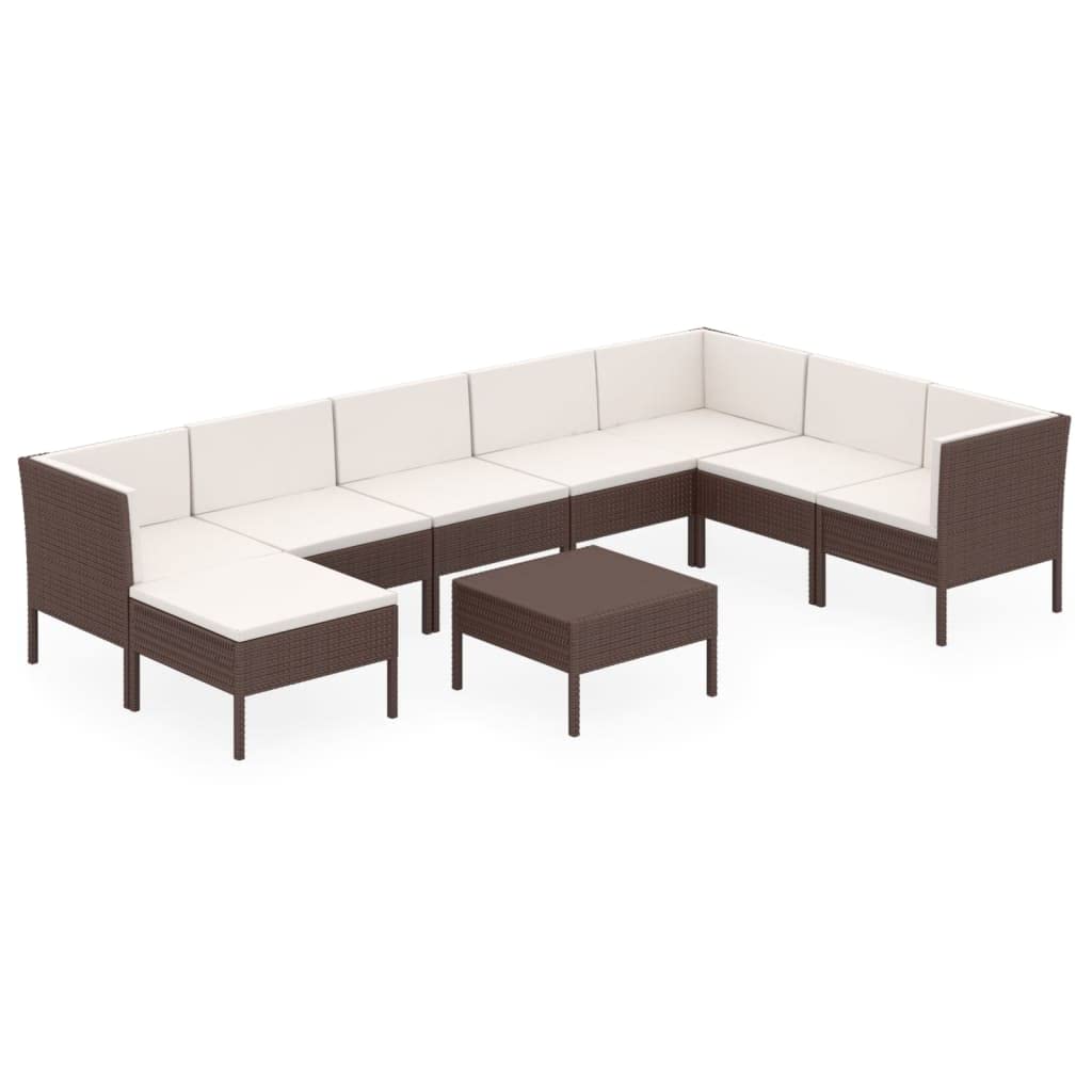 vidaXL 9-Piece Outdoor Patio Lounge Set with Cushions - Brown Poly Rattan, Includes 4 Middle Sofas, 3 Corner Sofas, Footrest and Table - Weather-Resistant PE and Powder-Coated Steel Frame