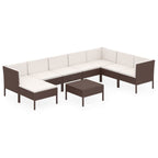 vidaXL Contemporary 11-Piece Patio Lounge Set, Poly Rattan Brown, with Cream White Cushions, Weather-Resistant - Ideal for Garden, Deck, Backyard
