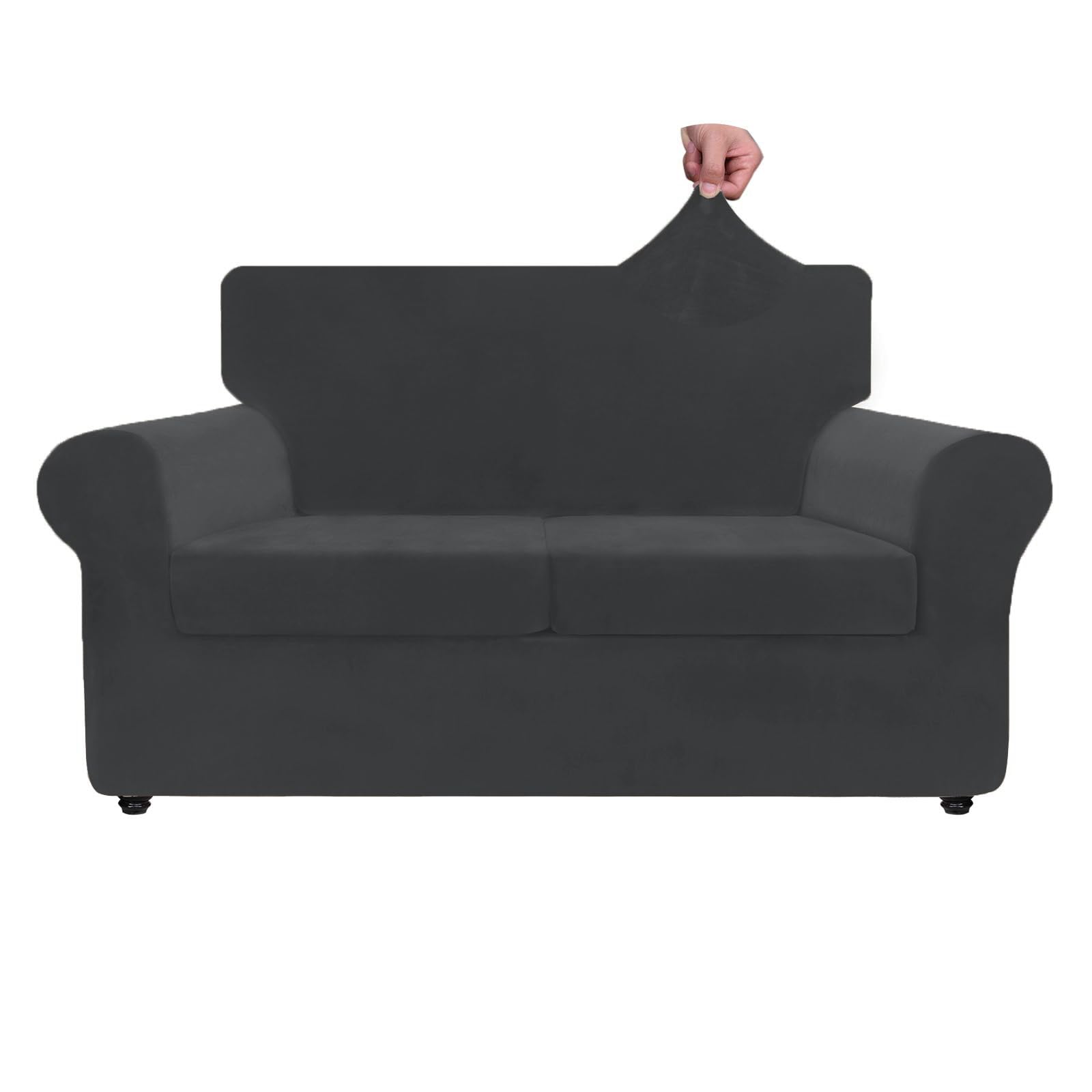 Znsayotx Luxury Velvet Sofa Cover 3 Piece (57'-70') Stretch Loveseat Covers For 2 Cushion Couch Thick Soft Couch Slipcover With Non Slip Strap, Dog Pet Friendly Nice Furniture Protector (Black)