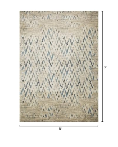 HomeRoots Ivory Heat-Set Polypropelene 5’ x 8’ Beige Blue Distressed Chevron Area Rug