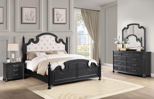 Coaster Home Furnishings Celina Traditional 4-Piece Bedroom Set Fabric Upholstered Eastern King Size Four-Poster Bed Frame 70-inch Headboard Black 224761KE-S4