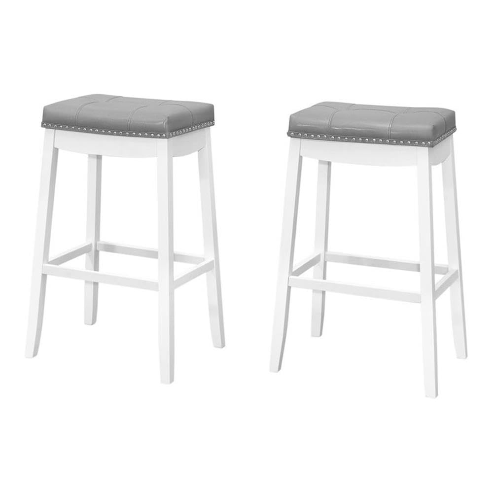 Monarch Specialties I 1262 Bar Stool, Set of 2, Bar Height, Saddle Seat, Wood, Pu Leather Look, White, Grey, Transitional
