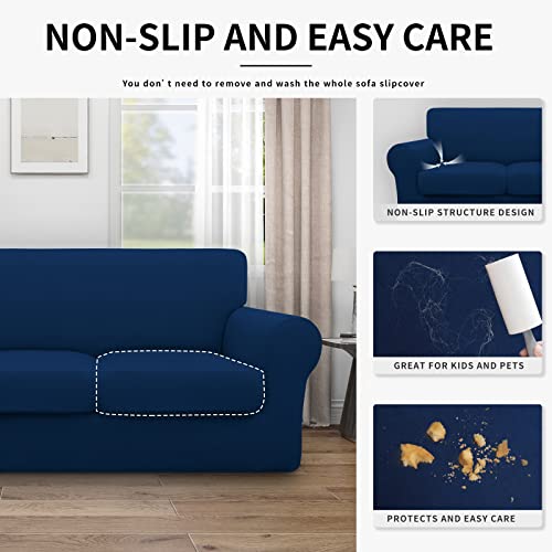 Easy-Going 100% Dual Waterproof Oversized Loveseat Cover Stretch Soft Couch Cover For Dogs, Sofa Slipcover For 2 Separate Cushion Couch Leakproof Furniture Protector For Kids, Pets Navy