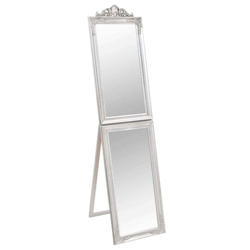 vidaXL Free-Standing Glass Mirror - Silver Framed, Baroque Style Decorative Full-Size Mirror for Bedroom, Dressing Room, Hallway