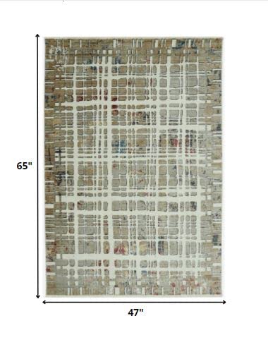 HomeRoots Shrink Polyester 4’ x 6’ Ivory Khaki Distressed Plaid Area Rug