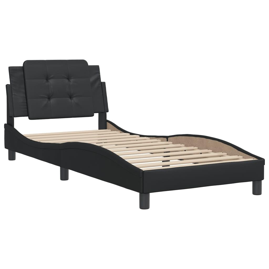 vidaXL Twin Bed Frame with Headboard - Black Faux Leather, Foam-Filled Cushion, Plywood Slats, Modern Waved Design, 81.9 x 41.3 x 29.3 Inches