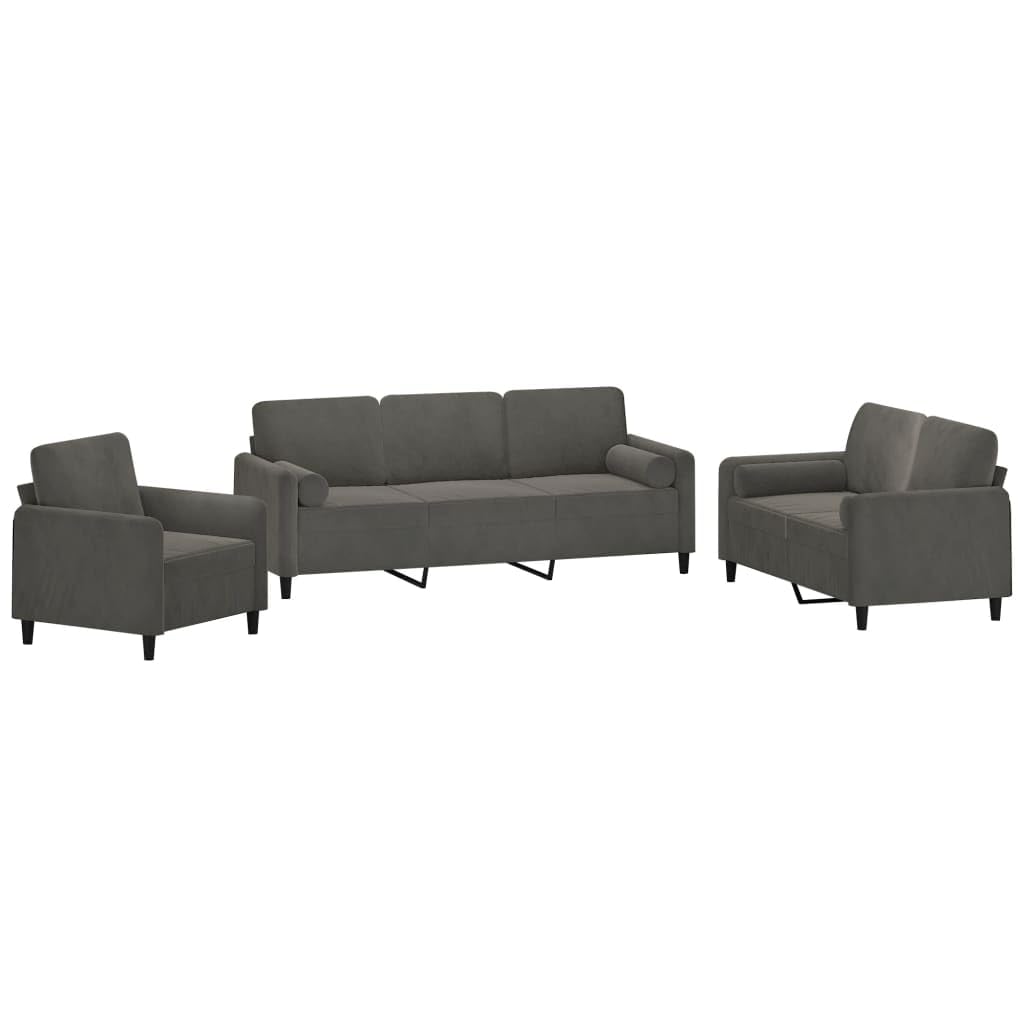 Vidaxl 3-Piece Sofa Set With Cylinder Pillows & Cushions, Soft Velvet Upholstery, Sturdy Metal & Plywood Frame, Elegant Dark Gray, Comfortable And Stylish Addition For Modern Decor