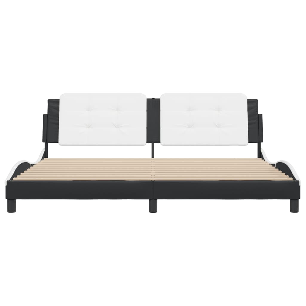 vidaXL King Size Bed Frame with Headboard - Black & White Faux Leather, Modern Waved Design, Plywood Slats, Foam Cushioned