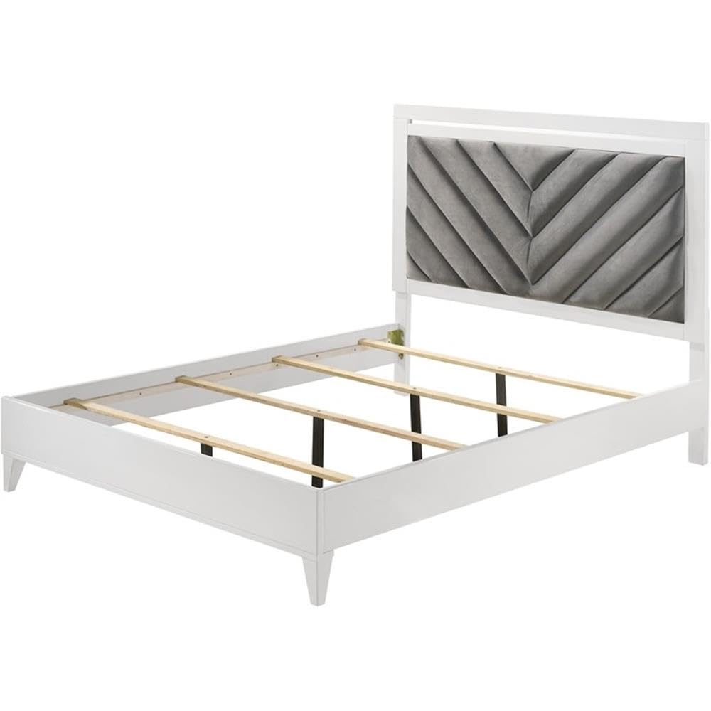 Acme Chelsie Wooden Eastern King Bed with Velvet Headboard - Thumbnail 4