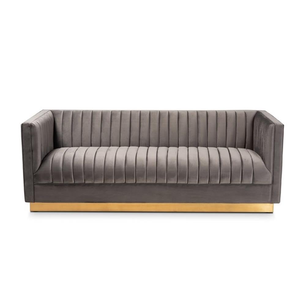 Baxton Studio Aveline Glam and Luxe Grey Velvet Fabric Upholstered Brushed Gold Finished Sofa