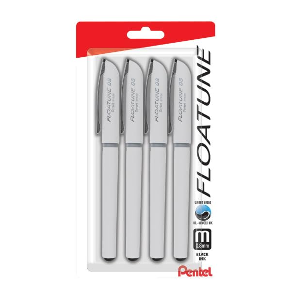 Pentel Floatune Rollerball, 0.8Mm Medium Line, Black Ink, 4 Pack