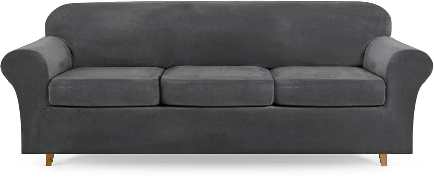 Lamberia High Stretch Sofa Cover for 3 Cushion Couch 4 Pieces Thick &Washable Plush Velvet Sofa Slipcover Couch Cover Furniture 
