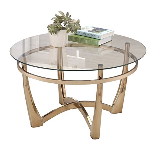 Acme Orlando Ii Round Glass Top Coffee Table In Champagne And Espresso