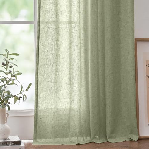 Jinchan Green Linen Blend Curtains 72 Inches Long For Living Room Farmhouse Rod Pocket Back Tab Light Filtering Window Drapes For Bedroom Curtains Crude 2 Panels Sage Green