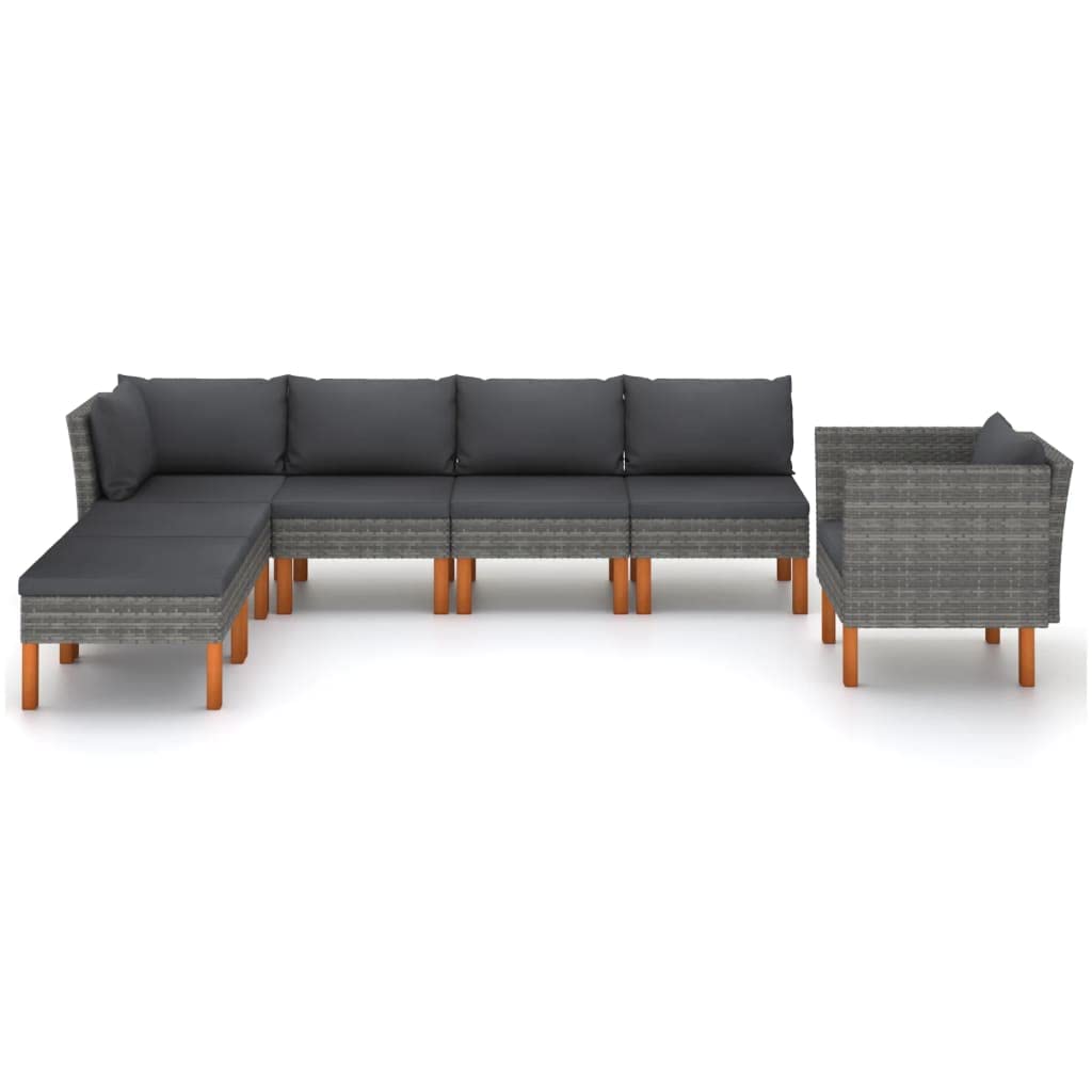 vidaXL Patio Lounge Set 7 Piece, Patio Furniture Set for Outdoor, Sofa with Table, Footstool, Farmhouse Style, Poly Rattan and Eucalyptus Wood Gray