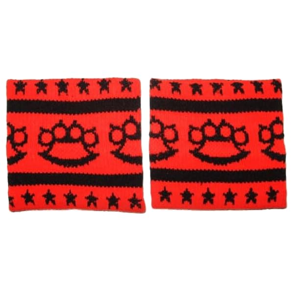 Knit Black Brass Knuckles & Stars On Red Wristbands From Sourpuss Clothing (Set Of 2)