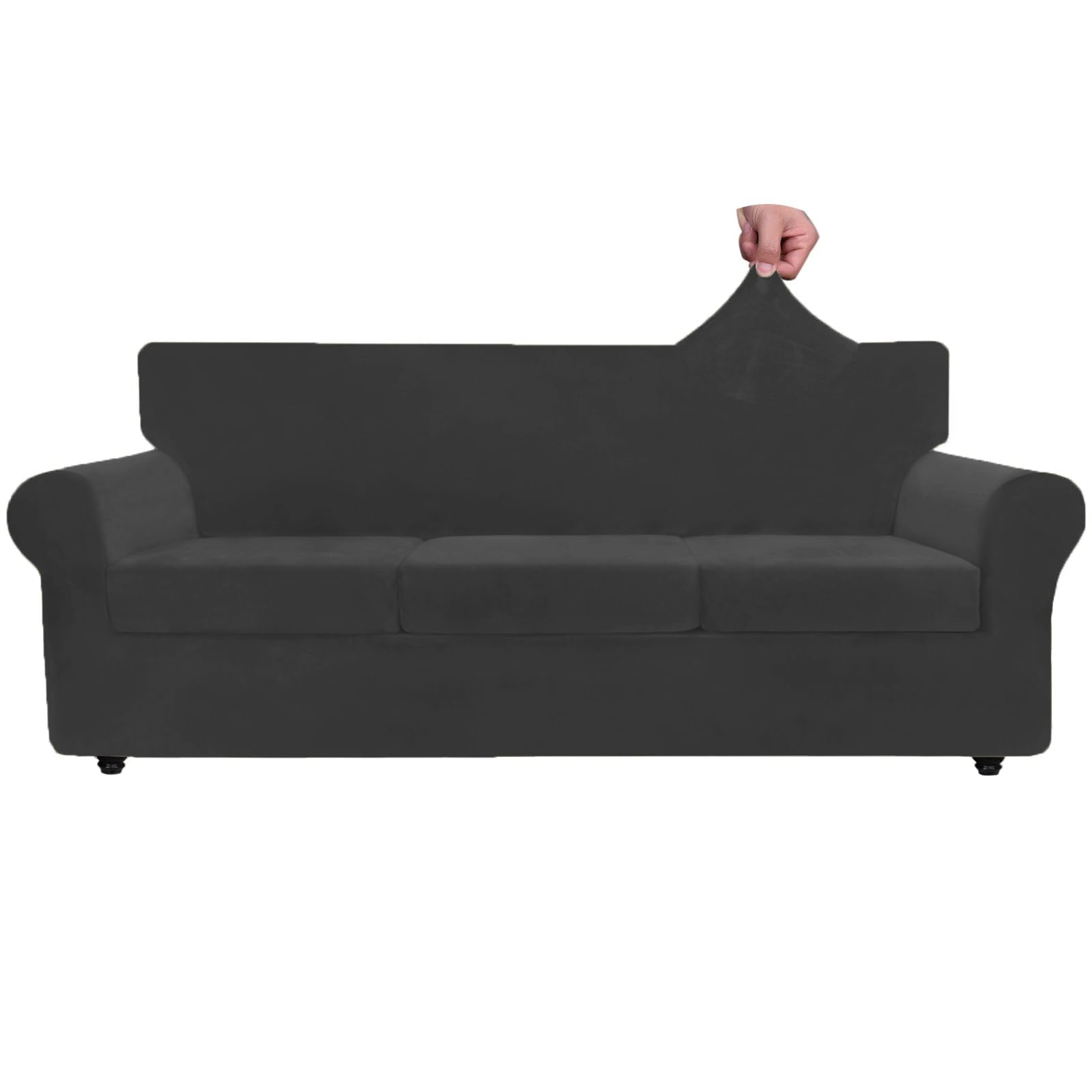 Znsayotx Luxury Velvet Couch Cover 4 Piece Stretch Oversized Sofa Covers For 3 Cushion Couch Thick Soft Large Sofa Slipcover Anti Slip Dogs Pet Furniture Protector (Black),91'-110'(3 Cushions)