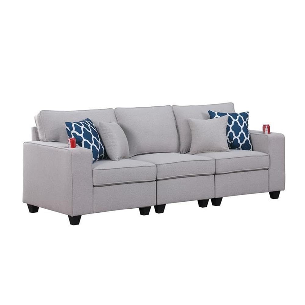 Lilola Home Cooper Light Gray Linen Sofa with Cupholder