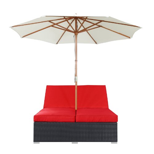 Modway Arrival Outdoor Wicker Rattan Patio Dual Chaise Lounges With Espresso Red Sun Shade