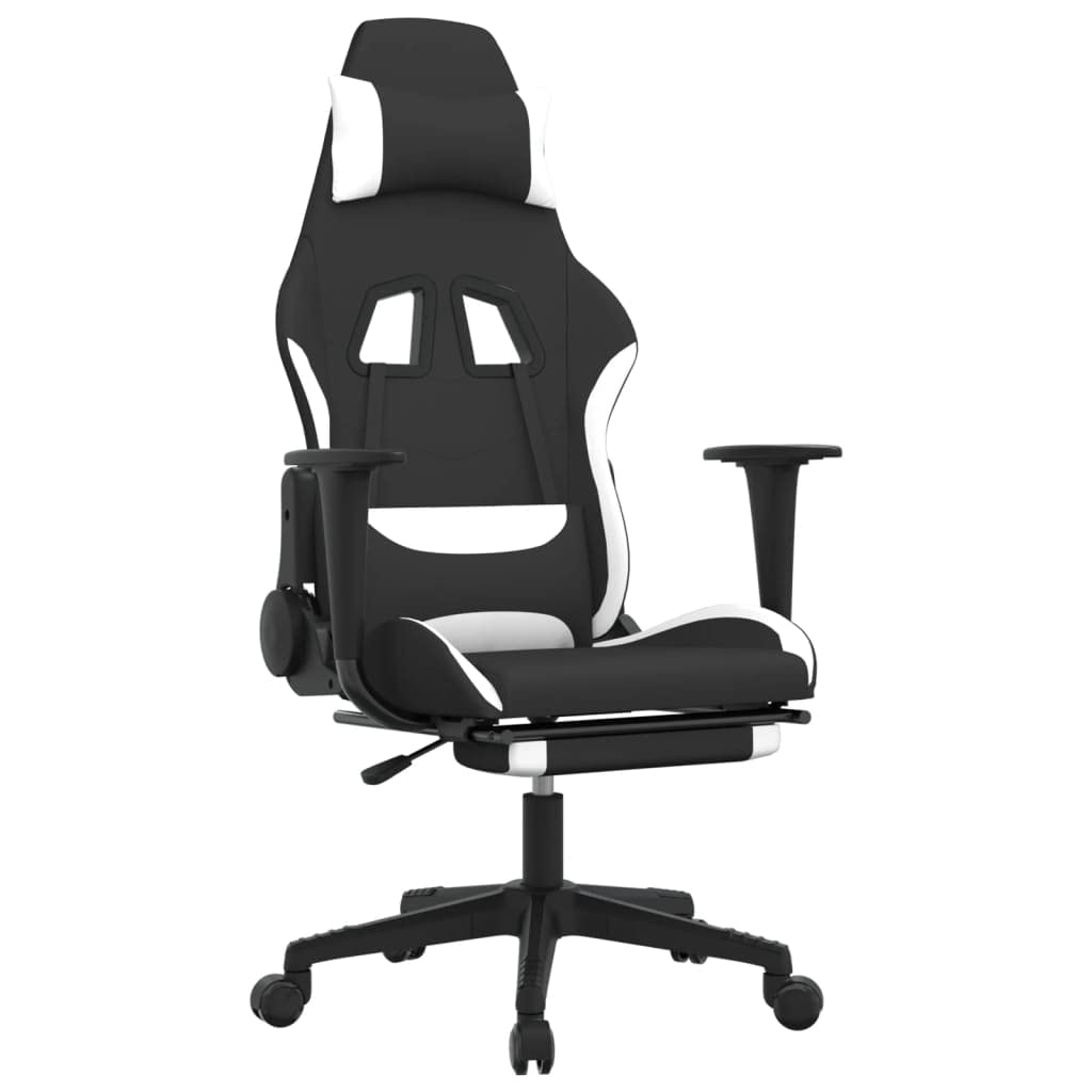 vidaXL Fabric Gaming Chair with Adjustable Seat and Backrest - Black and White Reclining Game Chair with Footrest for Ultimate Gaming Comfort