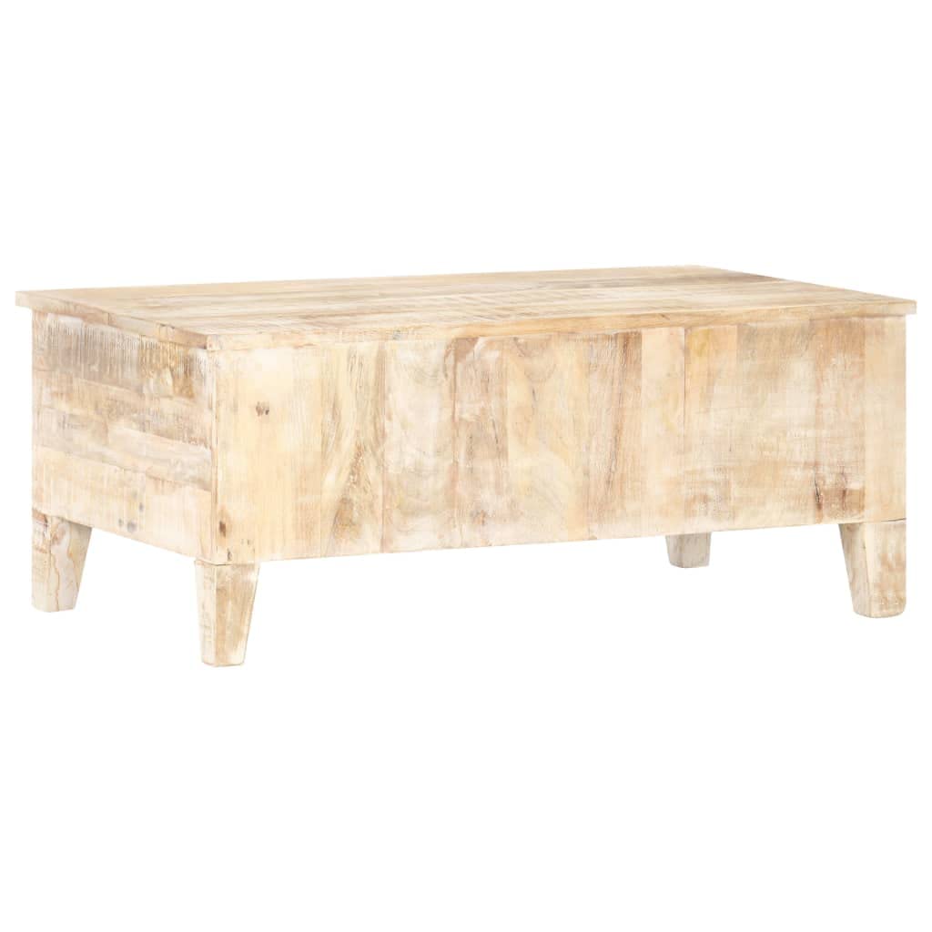vidaXL Whitewashed Acacia Wood Coffee Table with Flower Carved Drawers and Compartment | Durable & Stable | Farmhouse-Bohemian Style | Ample Storage