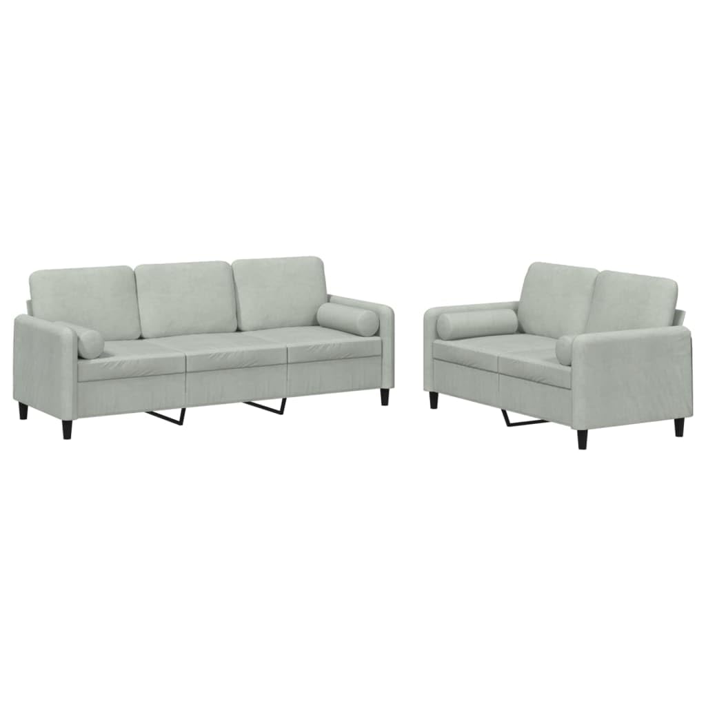 vidaXL Modern 2-Piece Sofa Set in Light Gray Velvet - Padded for Comfort with Sturdy Metal and Plywood Frame and Roll Pillows - Ideal for Living Room Area