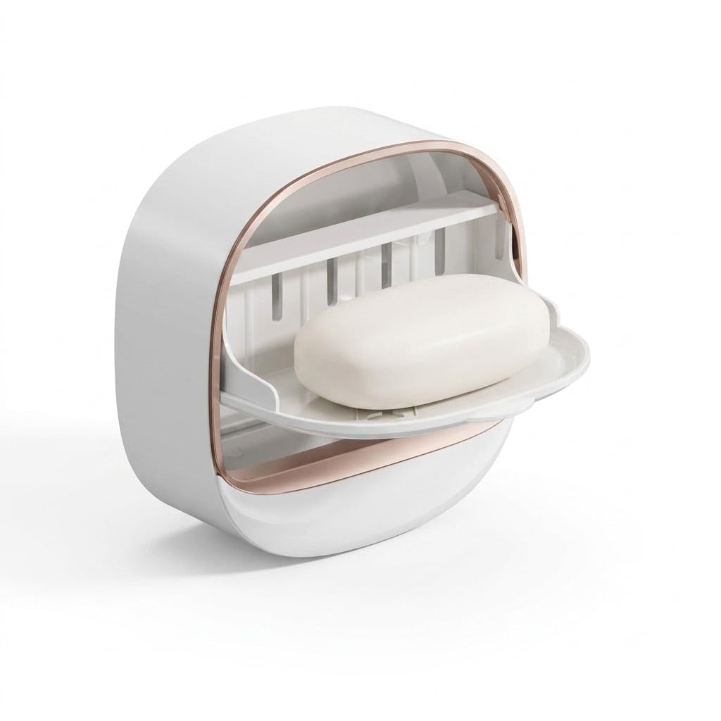 Mirvansh Wall Mounted Soap Holder with Lid | Self Draining Soap Case | No Drill Self Adhesive Soap Dish for Bathroom, Kitchen &