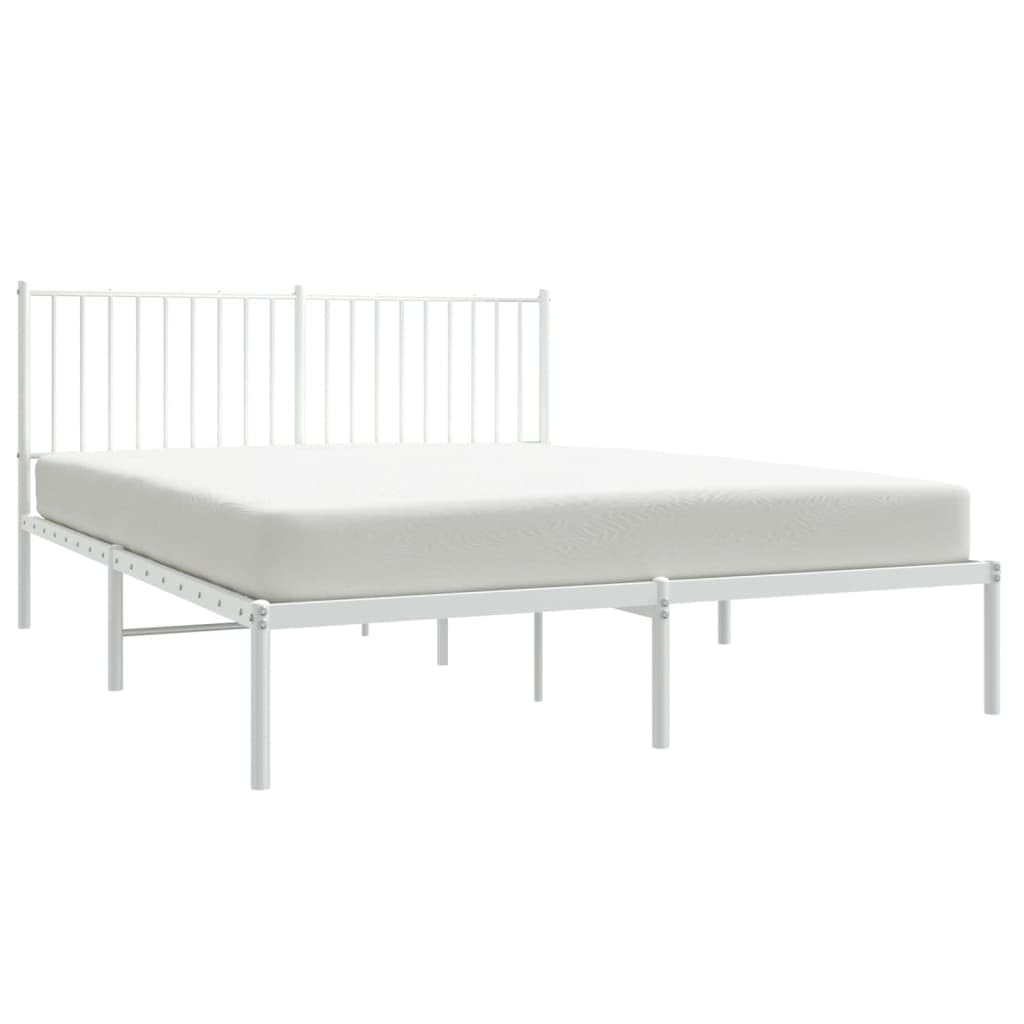 vidaXL Classic White Metal Bed Frame with Headboard, 59.8&quot;x78.7&quot; - Powder-Coated Steel Construction, Excellent Support, Extra Storage Space, Easy Assembly, Industrial Style Double Bed