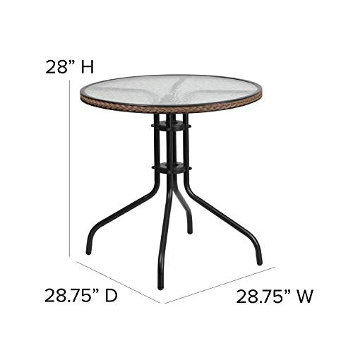 Flash Furniture Lila 28'' Round Glass Metal Table With Dark Brown Rattan Edging And 4 Dark Brown Rattan Stack Chairs