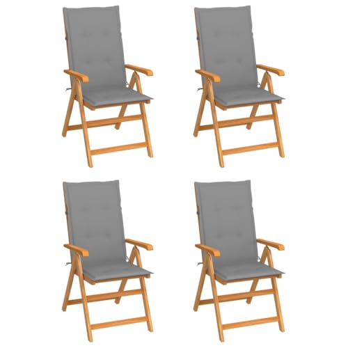 vidaXL Solid Teak Wood Patio Chairs with Adjustable Backrest and Gray Cushions - Thumbnail 3