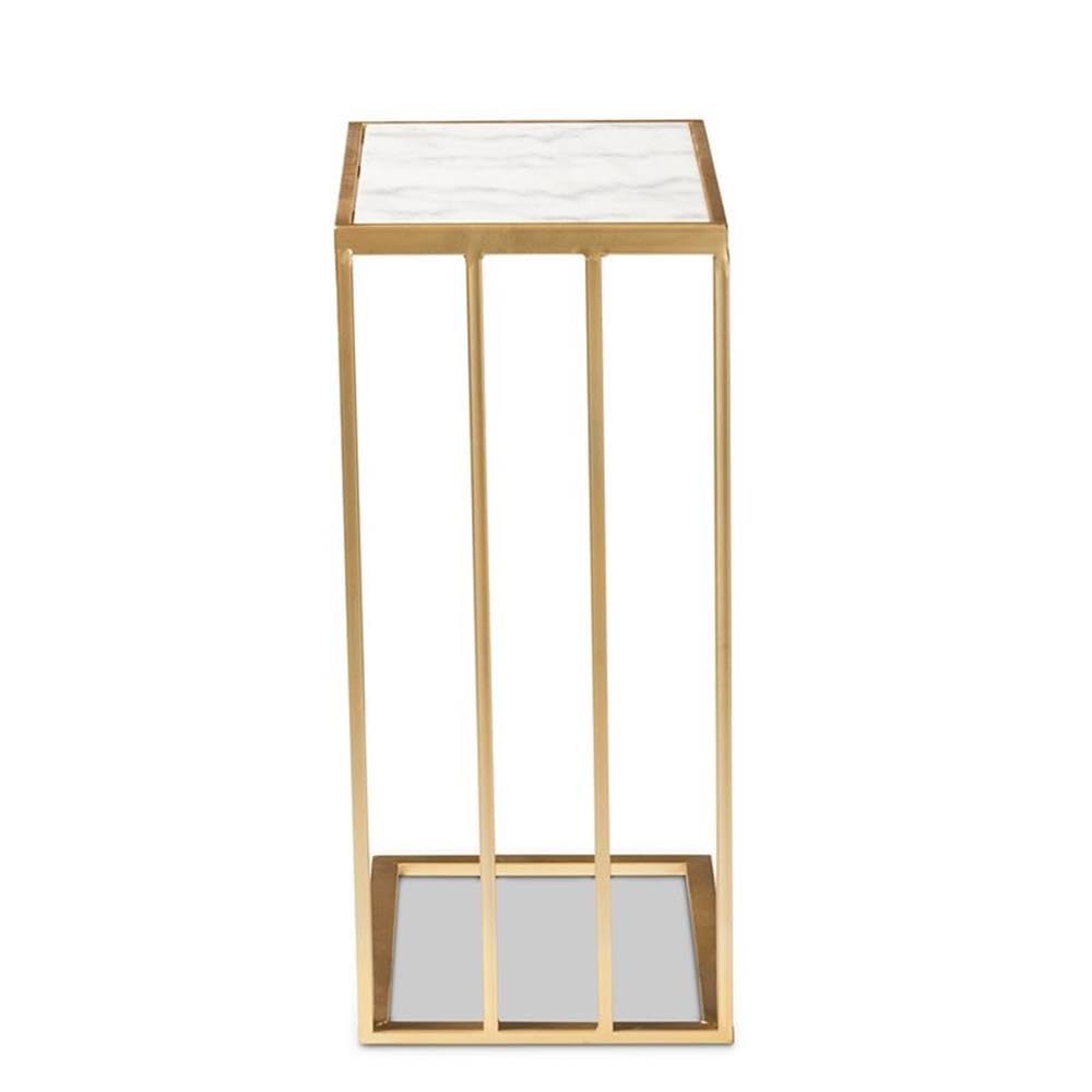 Baxton Studio Parkin Modern and Contemporary Gold Finished Metal C Shaped End Table with Marble Tabletop