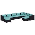 vidaXL 9-Piece Outdoor Lounge Set in Black Poly Rattan with Water-Blue Cushions: Comfortable, Weather-Resistant Furniture with Modular Design for Patio or Garden Use