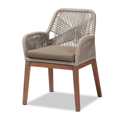 Baxton Studio Jennifer Mid-Century Transitional Grey Woven Rope Mahogany Dining Arm Chair