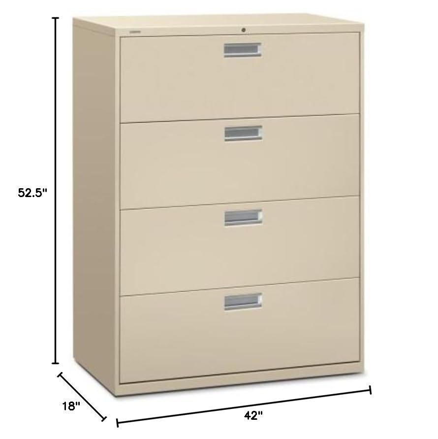 Hon 600 Series Standard Lateral Files W/Locks-4 Drawer Lateral File W/Lock, 42&quot;X19-1/4&quot;X53-1/4&quot;, Putty