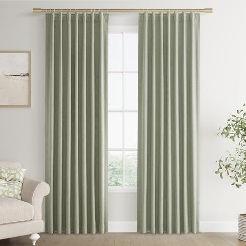 Joywell Linen 100% Blackout Curtains 96 Inches Length Long,Back Tab,Hook Belt,Thermal Insulated Total Light Blocking Noise Cancelling Pinch Pleated Drapes For Bedroom(2 Panels,52 X 96,Sage Green)