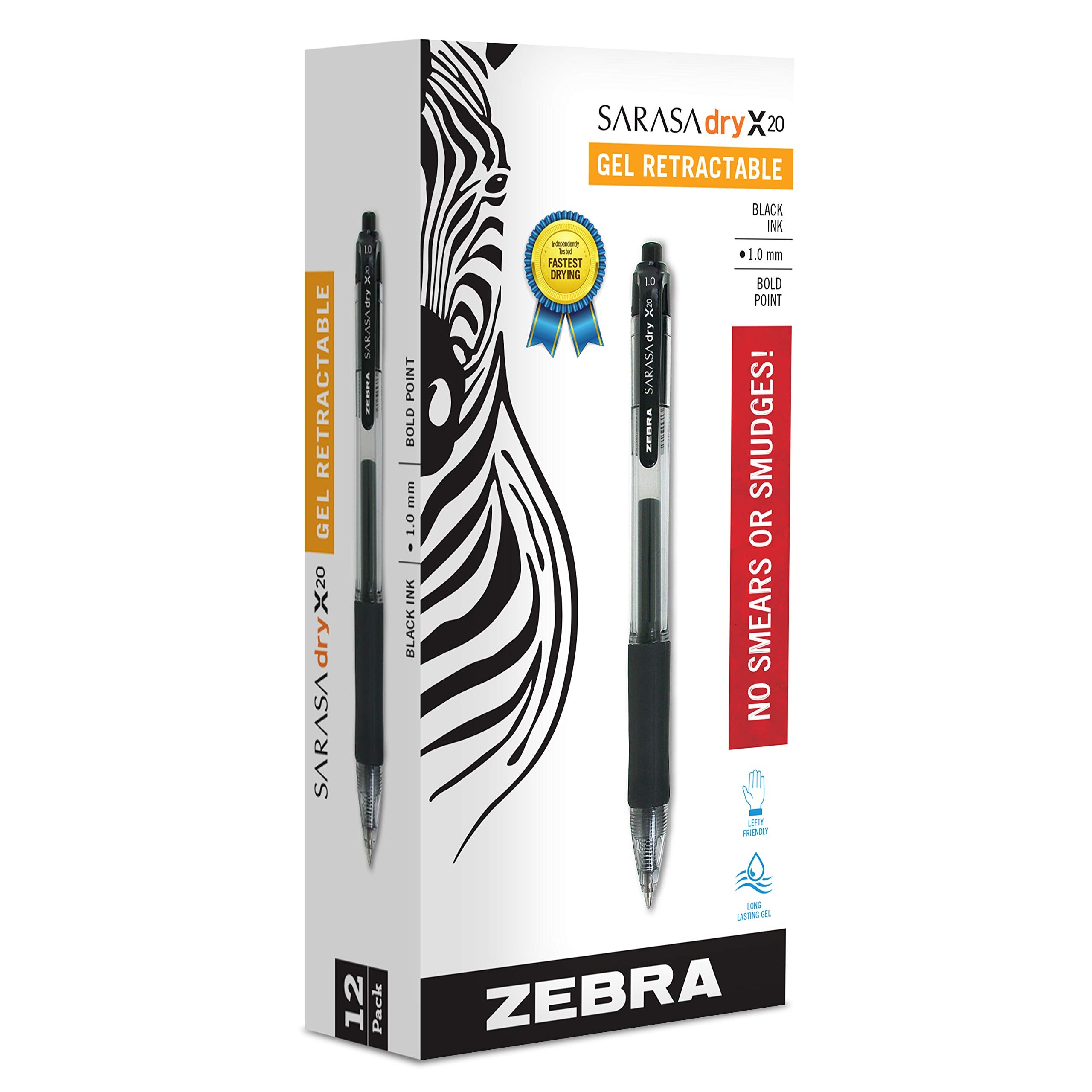 Zebra Pen Sarasa Dry X20 Retractable Gel Pen, Bold Point 1.0mm, Black Ink, 12-Pack, Plastic