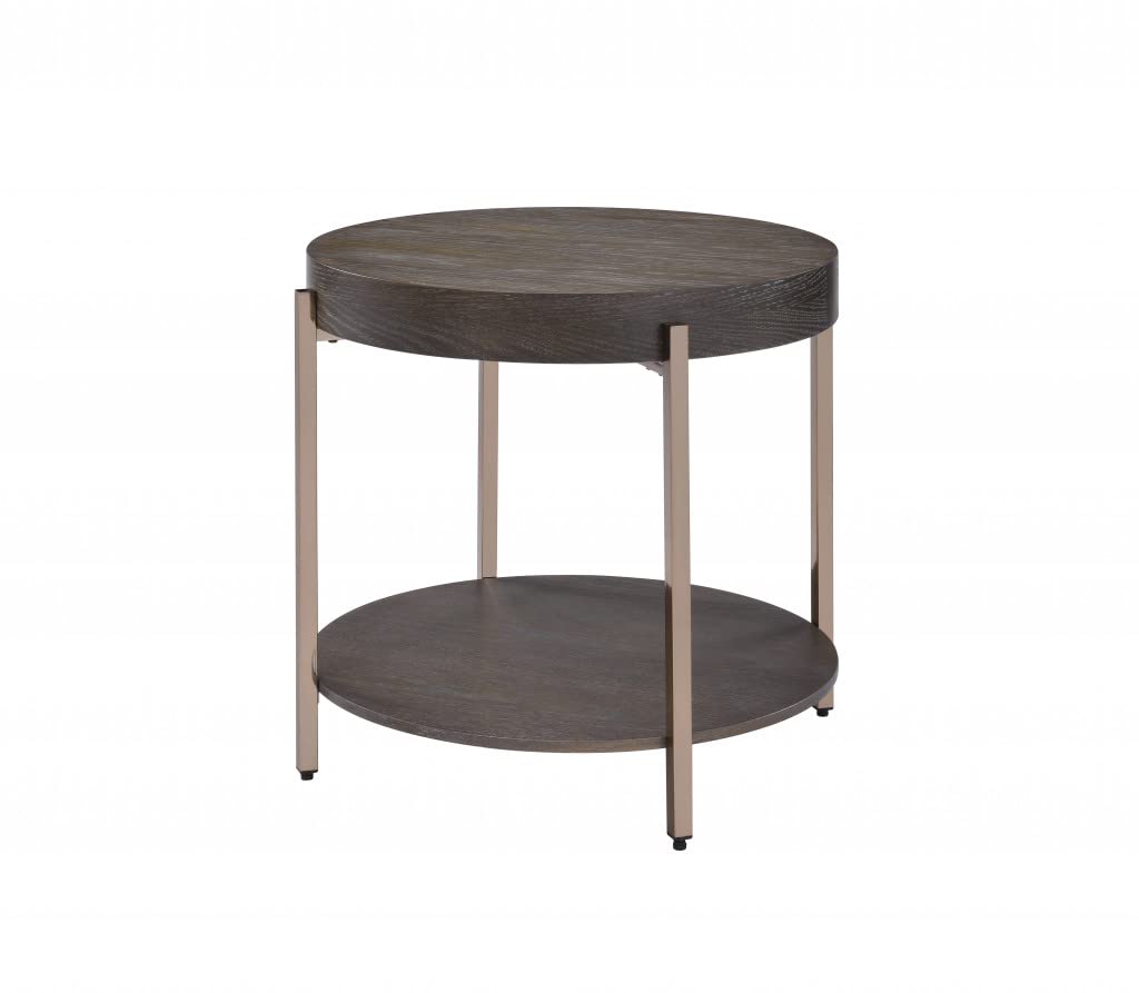 HomeRoots Dark Oak and Champagne 23' Champagne Metal and Dark Oak Manufactured Wood Round Two Tier End Table