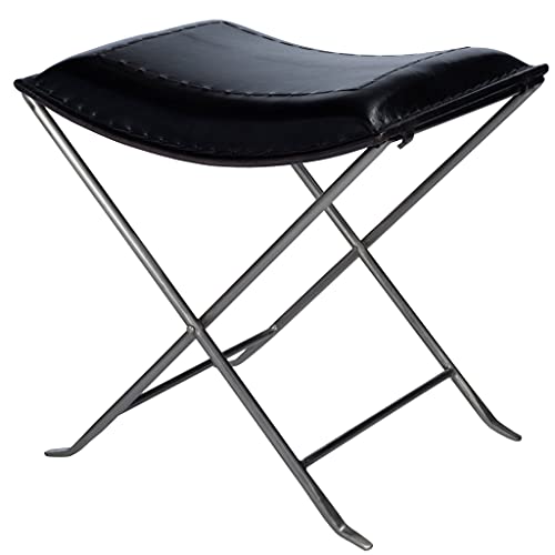 HomeRoots Iron; Silver Metal Finish, Authentic Leather Modern Black Leather Stool