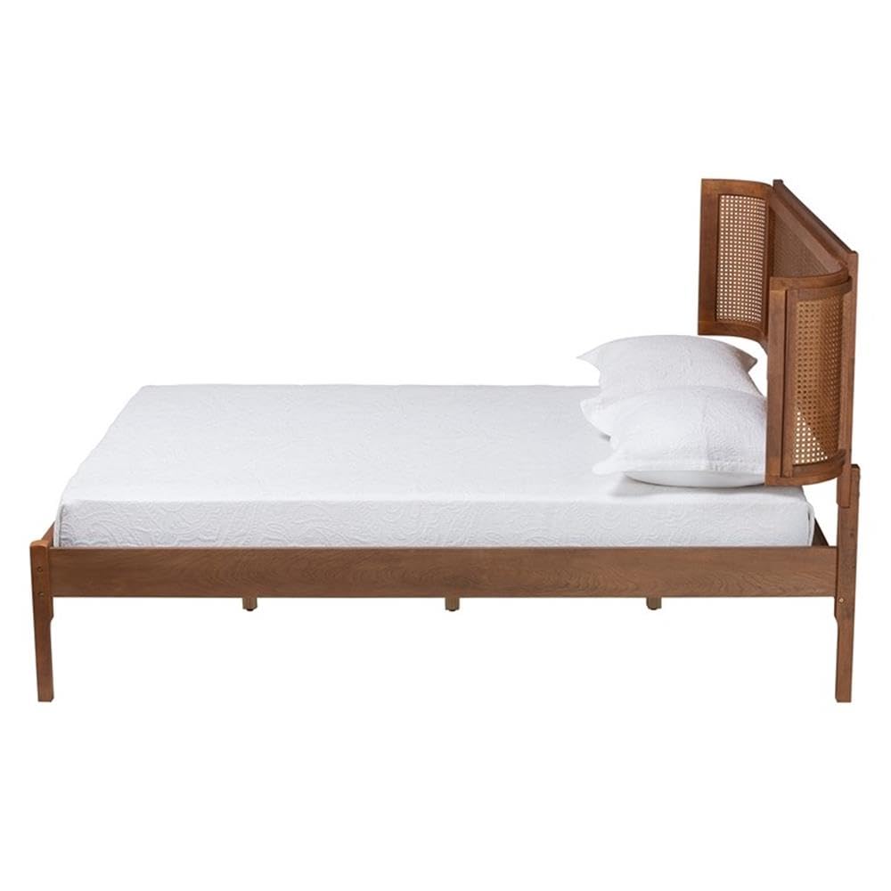 Baxton Studio Eridian Mid-Century Modern Walnut Brown Finished Wood and Natural Rattan Full Size Platform Bed