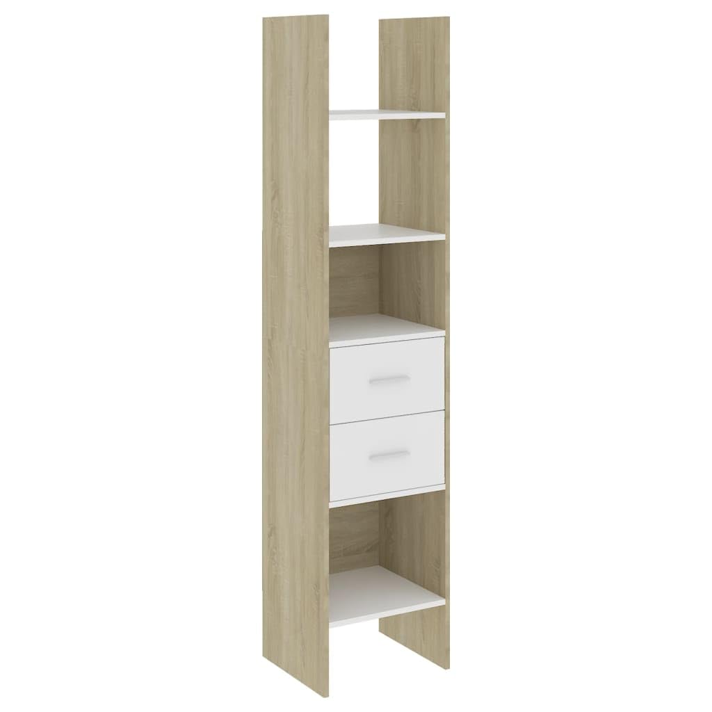 vidaXL Modern Book Cabinet - White and Sonoma Oak, Engineered Wood, 15.7&quot;x13.8&quot;x70.9&quot;, 4 Compartments and 2 Drawers