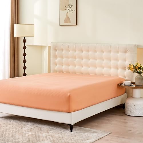 Simple&Opulence Linen Fitted Sheet (1 Piece) - 14 Inch Deep Pocket Mattress Cover Natural Flax Cotton Blended Soft Breathable Bedding - Peach, King Size