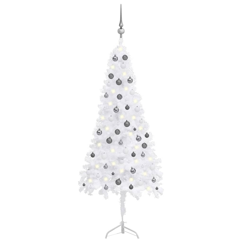 Vidaxl Artificial Christmas Tree Corner Placement With Leds And Ball Set In White And Gray - 70.9 Inches Tall With A 25.6 Inch Maximum Tree Width