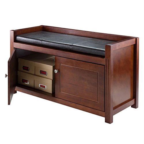 Ergode Colin Bench | Versatile & Stylish | Dark Faux Leather Cushion | 2 Corn Husk Baskets | Slated Shelf | Ample Comfort | Chocolate Brown | Sturdy Wood | (94392-VV)