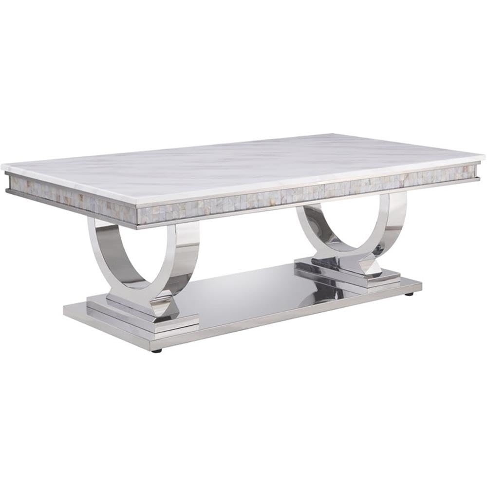 Acme Zander Coffee Table in White Printed Faux Marble and Mirrored Silver Finish