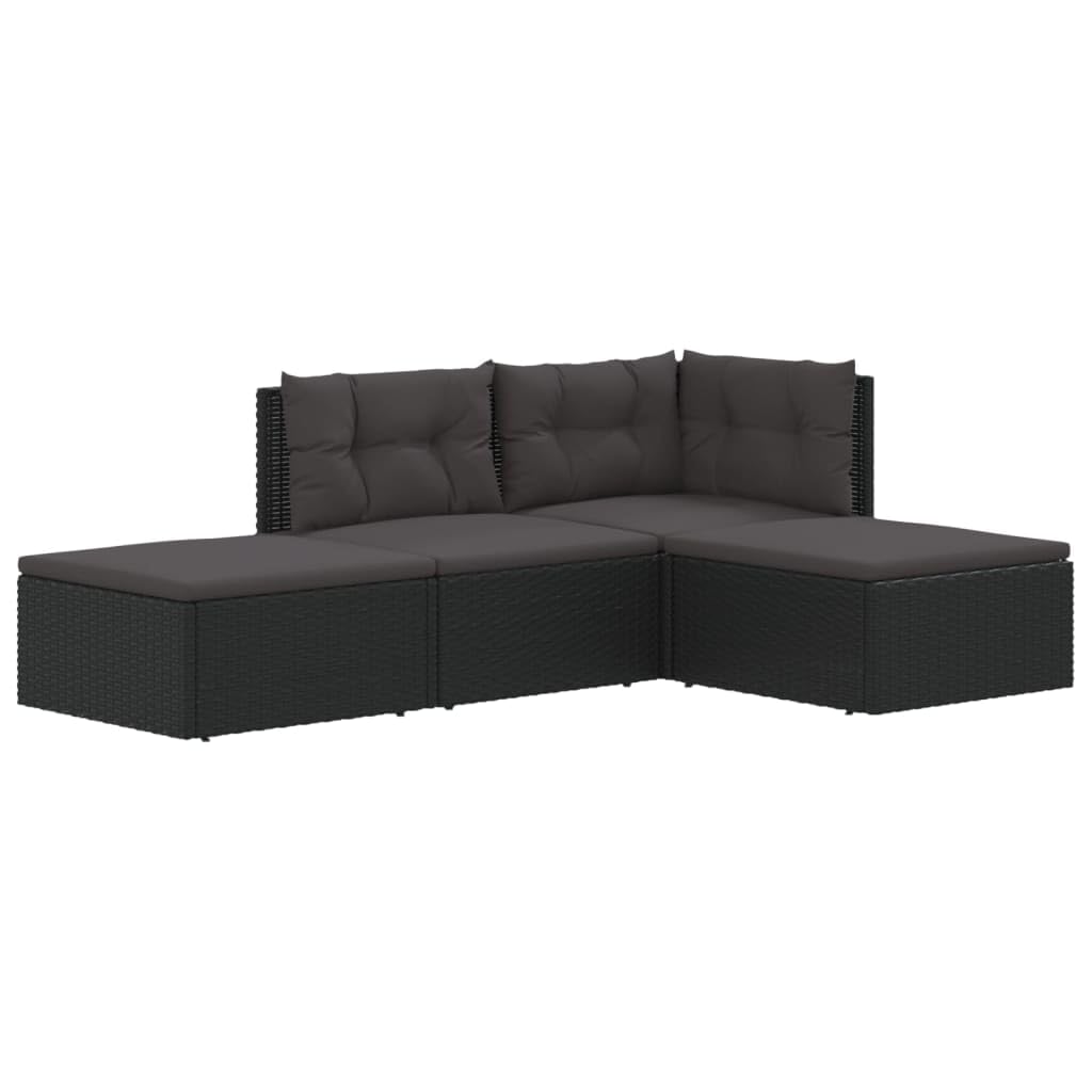 vidaXL Patio Lounge Set with Adjustable Corner Sofa - 4 Piece Black Poly Rattan Set with Thick Cushions and Weather-Resistant Frame, Modular and Easy-to-Clean